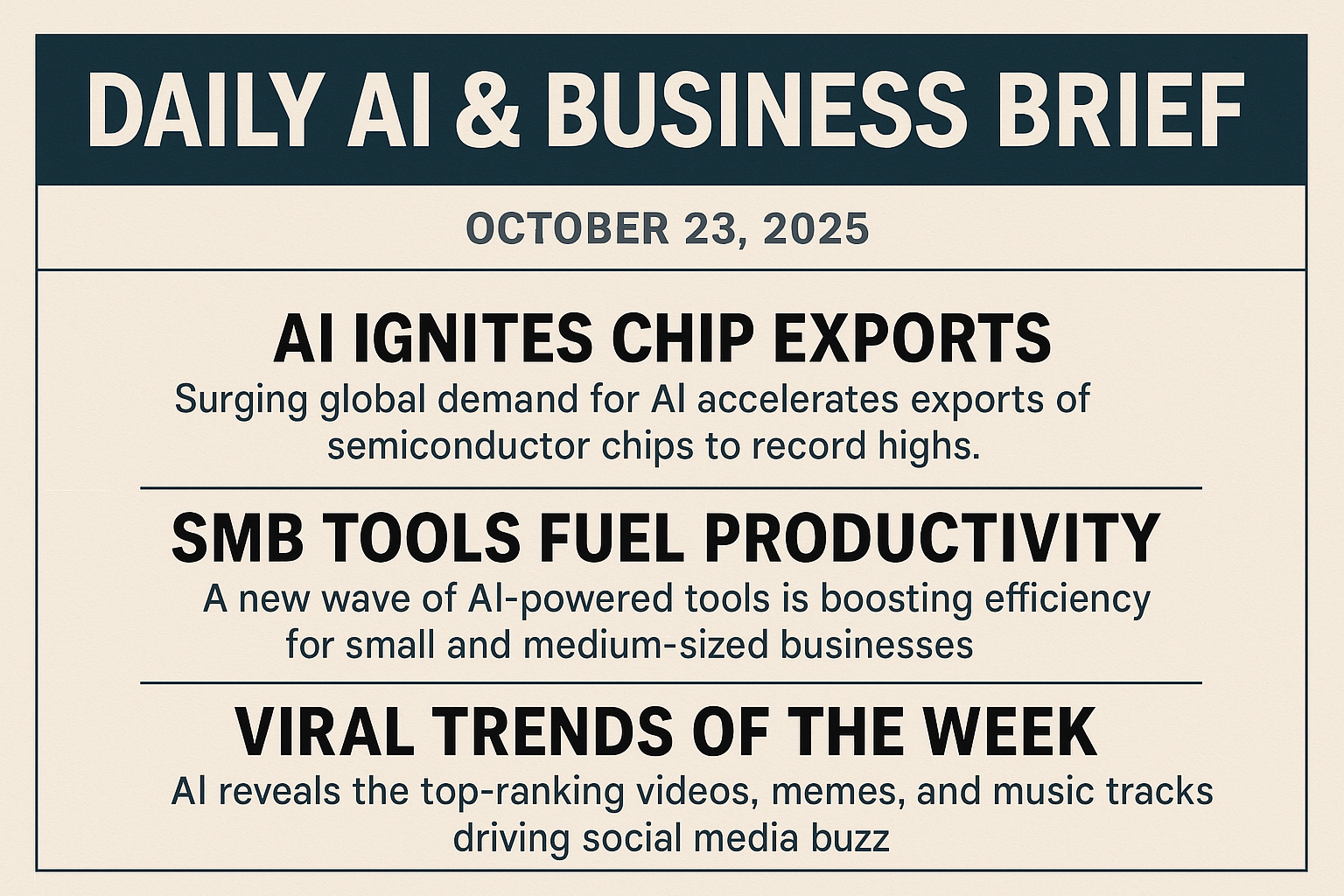 [Daily AI & Business Brief — October 23, 2025: AI Ignites Chip Exports, SMB Tools & Viral Trends]